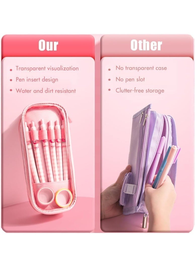 Large capacity transparent fabric pencil case with cute cartoon print and three compartments for organizing stationery, multi-functional with a durable zipper design (cute rabbit pattern) - Image 3